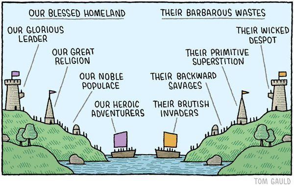 Tom Gauld Cartoon - Our Blessed Homeland
							vs Their Barbarous Wastes